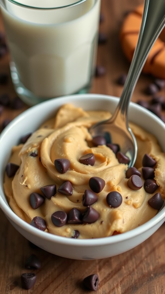 Delicious Edible Cookie Dough Recipe for 5 A bowl of creamy edible cookie dough with chocolate chips, with a spoon and glass of milk.